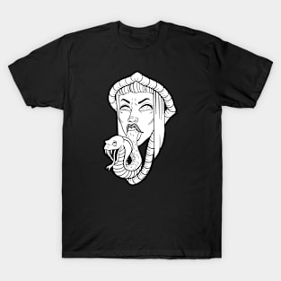 Gothic Black White Snake Tongue Woman Illustration T-Shirt